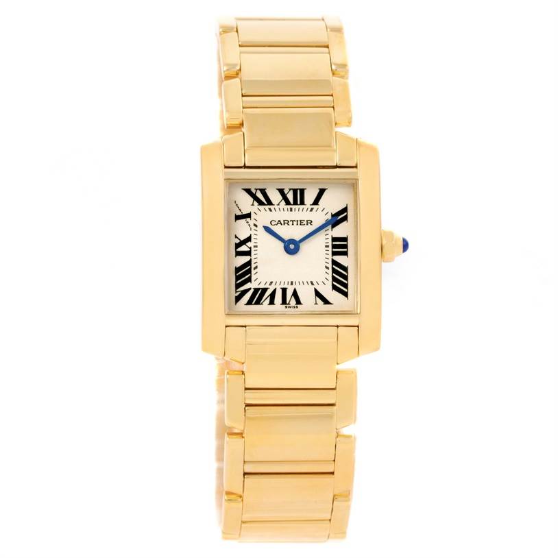The image shows a Tank Francaise model by Cartier from a front angle, highlighting the watch face and gold metal bracelet.