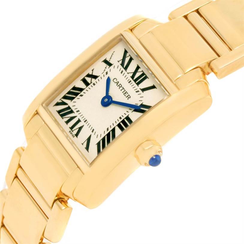 The Cartier Tank Française watch face and part of the gold bracelet are shown at a slight angle.