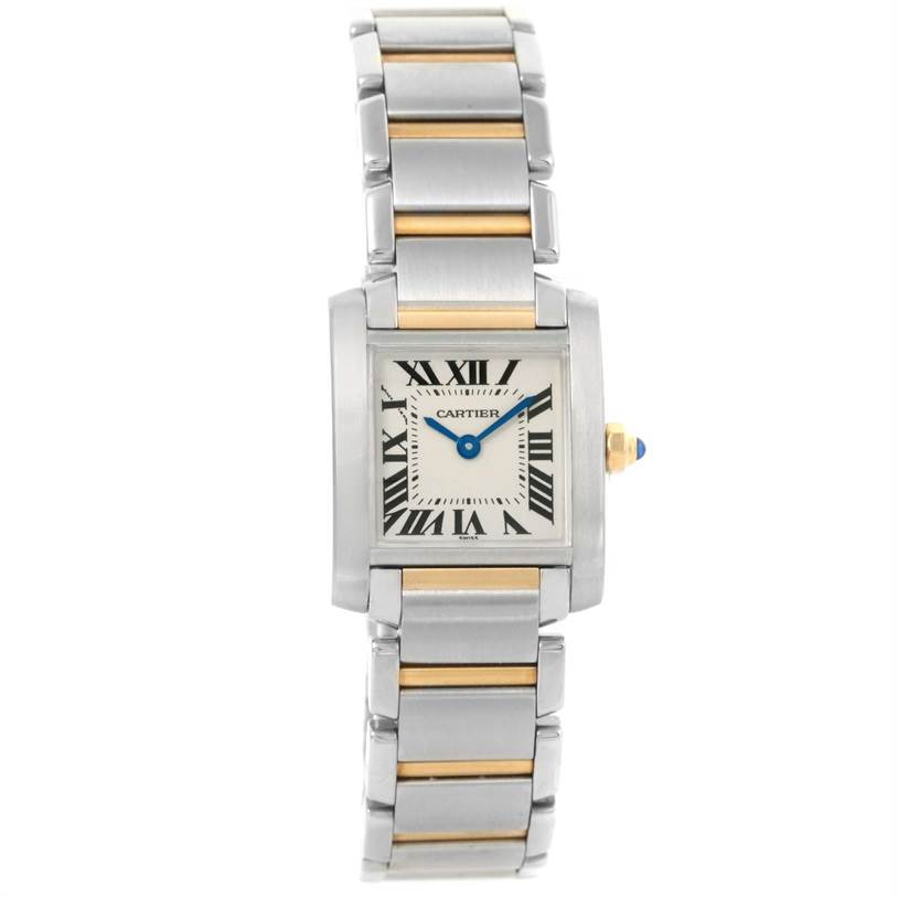 This image shows a Cartier Tank Francaise W51007Q4 Women's Steel and Gold (two tone) Silver Dial W51007Q4 Women's Steel and Gold (two tone) Silver Dial watch from the front, highlighting its rectangular dial, Roman numerals, and metal bracelet.