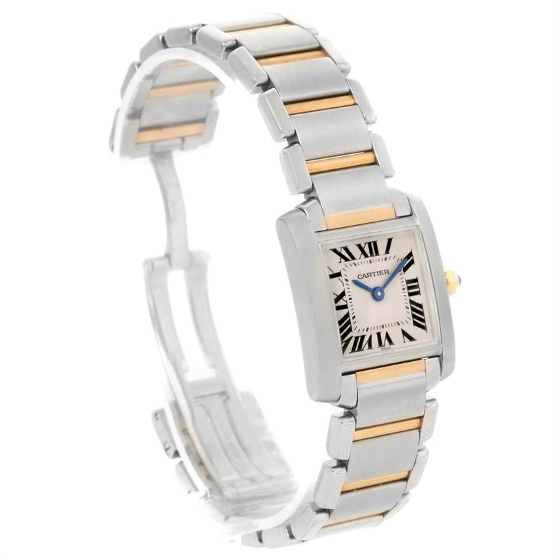 This image shows a Cartier Tank Francaise W51007Q4 Women's Steel and Gold (two tone) Silver Dial W51007Q4 Women's Steel and Gold (two tone) Silver Dial model watch at a slight angle, highlighting its face and metallic strap.