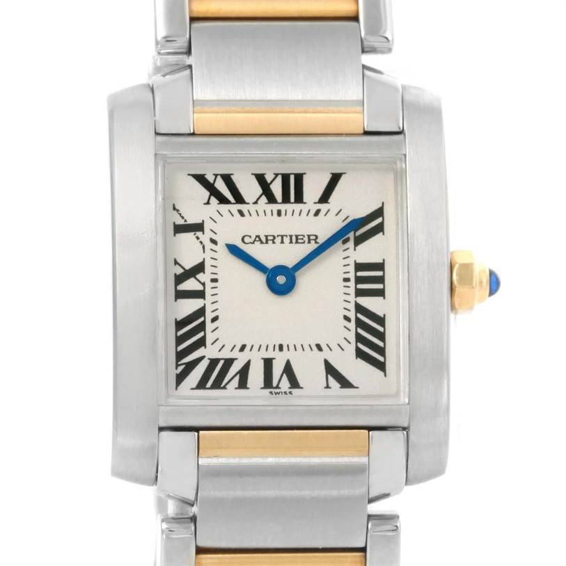 The Cartier Tank Francaise W51007Q4 Women's Steel and Gold (two tone) Silver Dial W51007Q4 Women's Steel and Gold (two tone) Silver Dial watch is shown from a front angle, highlighting the face, Roman numeral markers, and two-tone bracelet.