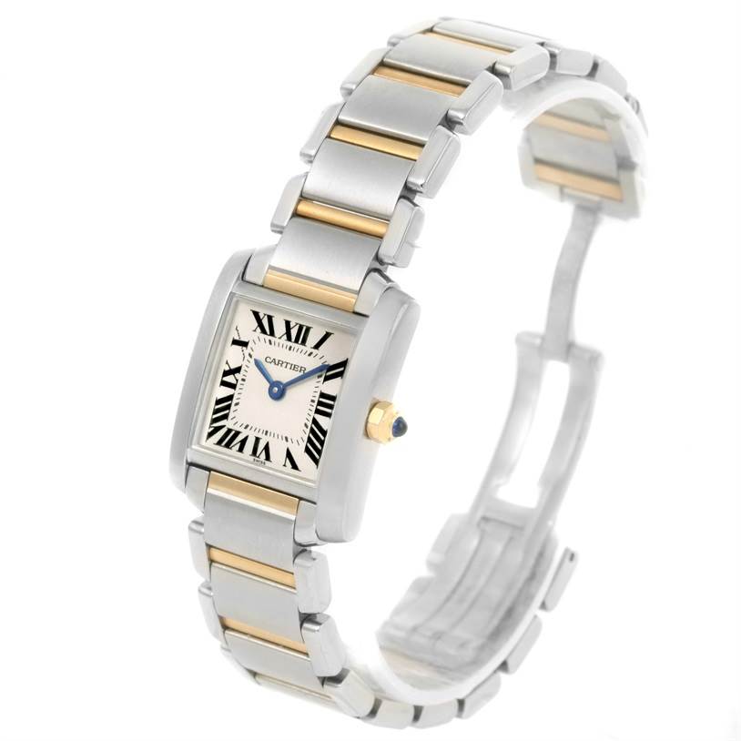 The image shows an angled view of the Cartier Tank Francaise W51007Q4 Women's Steel and Gold (two tone) Silver Dial W51007Q4 Women's Steel and Gold (two tone) Silver Dial watch, displaying its face, bracelet, and clasp.