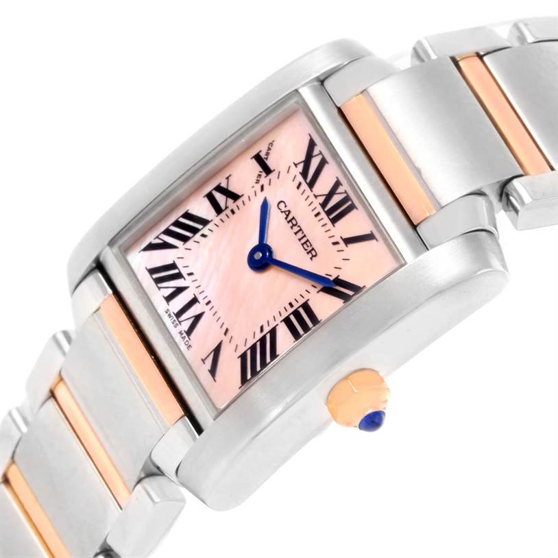 The image shows the Cartier Tank Francaise W51027Q4 Women's Steel and Gold (two tone) Mother of Pearl Dial W51027Q4 Women's Steel and Gold (two tone) Mother of Pearl Dial watch at an angled view, highlighting the face, Roman numerals, hands, and part of the band.