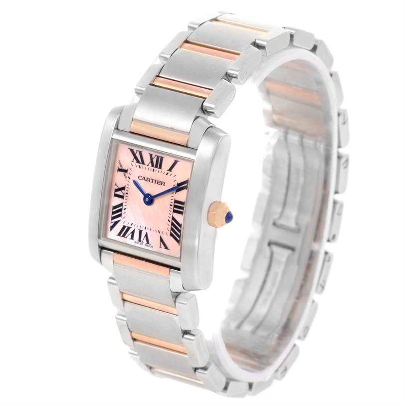 The Cartier Tank Francaise W51027Q4 Women's Steel and Gold (two tone) Mother of Pearl Dial W51027Q4 Women's Steel and Gold (two tone) Mother of Pearl Dial watch is shown at an angled side view, displaying its dial, Roman numeral markers, case, and bracelet.