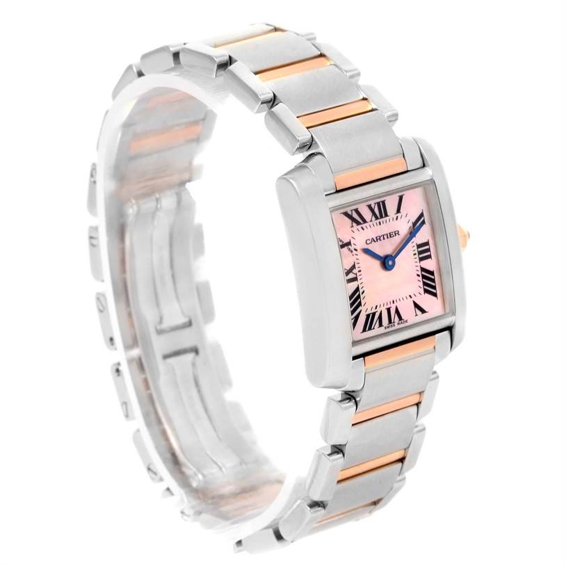 The image shows a side angle of the Cartier Tank Française watch, displaying its square pink dial, Roman numerals, and metal bracelet.