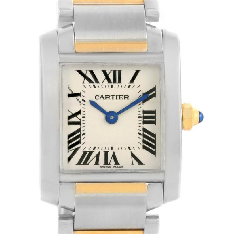 This image shows a front view of a Cartier Tank Francaise W51007Q4 Women's Steel and Gold (two tone) Silver Dial W51007Q4 Women's Steel and Gold (two tone) Silver Dial watch displaying the dial, case, part of the bracelet, and the crown.