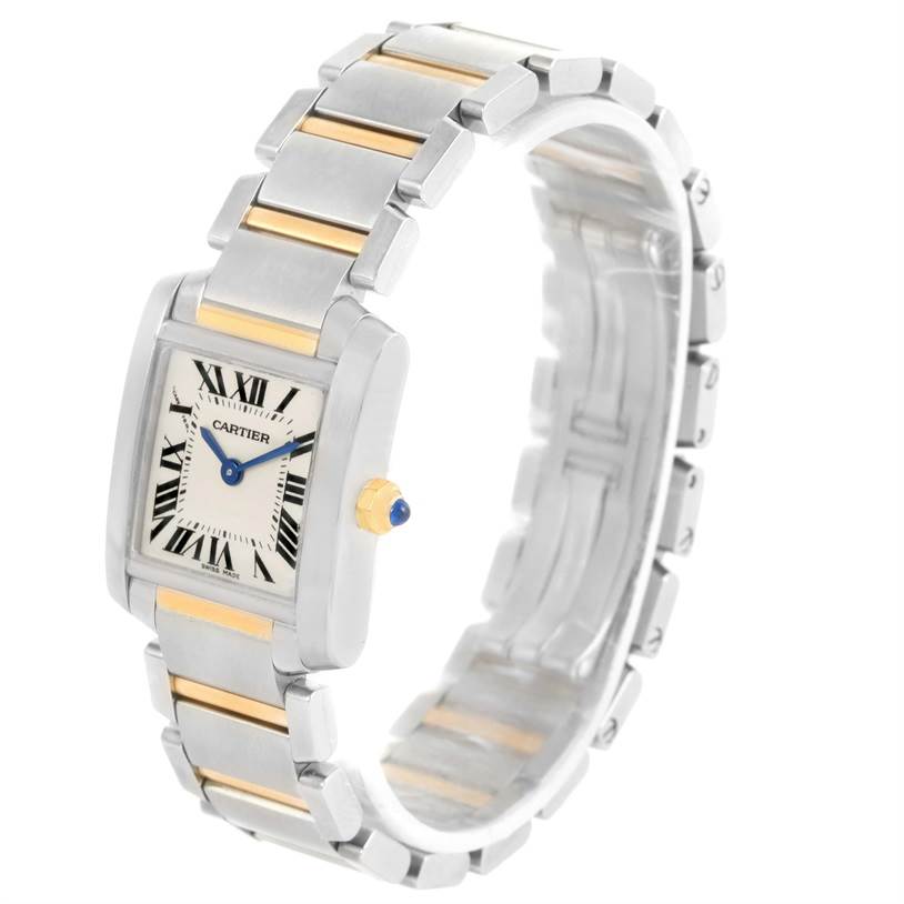 This image shows a Cartier Tank Francaise W51007Q4 Women's Steel and Gold (two tone) Silver Dial W51007Q4 Women's Steel and Gold (two tone) Silver Dial watch from an angled view, highlighting the bracelet and the rectangular dial.