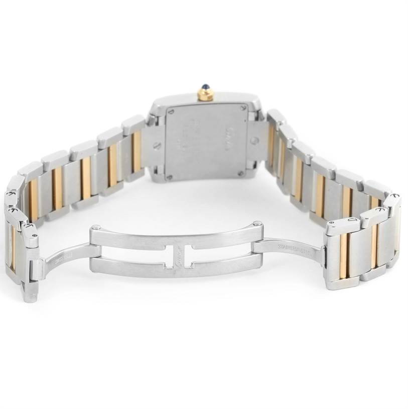 The image shows the back side and clasp of the Cartier Tank Francaise W51007Q4 Women's Steel and Gold (two tone) Silver Dial W51007Q4 Women's Steel and Gold (two tone) Silver Dial watch, highlighting the bracelet and caseback.