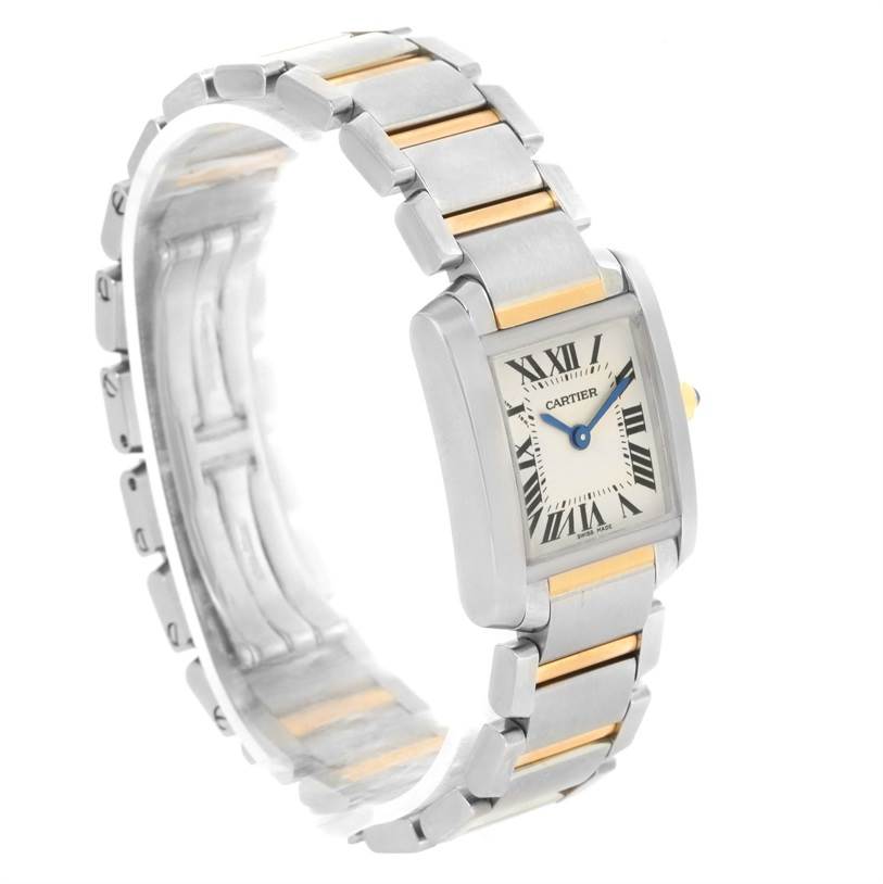 The image shows a Cartier Tank Francaise W51007Q4 Women's Steel and Gold (two tone) Silver Dial W51007Q4 Women's Steel and Gold (two tone) Silver Dial watch at a three-quarter angle, highlighting the face, bracelet, and links.