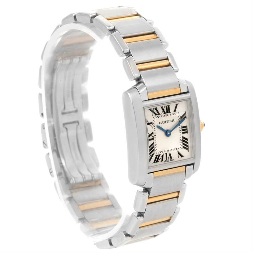 This image showcases the Cartier Tank Francaise W51007Q4 Women's Steel and Gold (two tone) Silver Dial W51007Q4 Women's Steel and Gold (two tone) Silver Dial watch at a three-quarter view, highlighting its face, bezel, and two-tone bracelet.