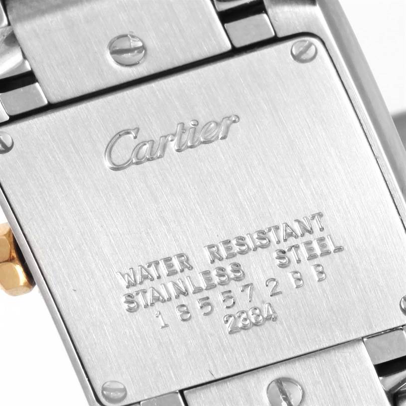The image shows the back case of a Cartier Tank Francaise W51007Q4 Women's Steel and Gold (two tone) Silver Dial W51007Q4 Women's Steel and Gold (two tone) Silver Dial watch, highlighting its stainless steel material and water resistance.