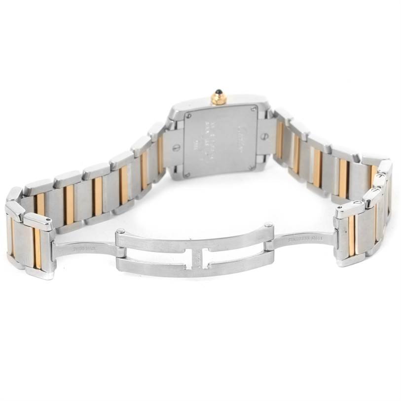 This image shows the back and open clasp of a Cartier Tank Francaise W51007Q4 Women's Steel and Gold (two tone) Silver Dial W51007Q4 Women's Steel and Gold (two tone) Silver Dial watch, highlighting the bracelet and case back.