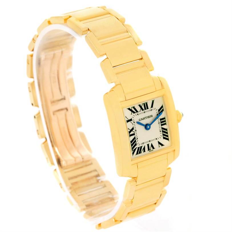 The Cartier Tank Francaise W50002N2 Women's Yellow Gold Silver Dial W50002N2 Women's Yellow Gold Silver Dial watch is shown at a side angle, displaying its gold bracelet, rectangular dial, and Roman numeral hour markers.