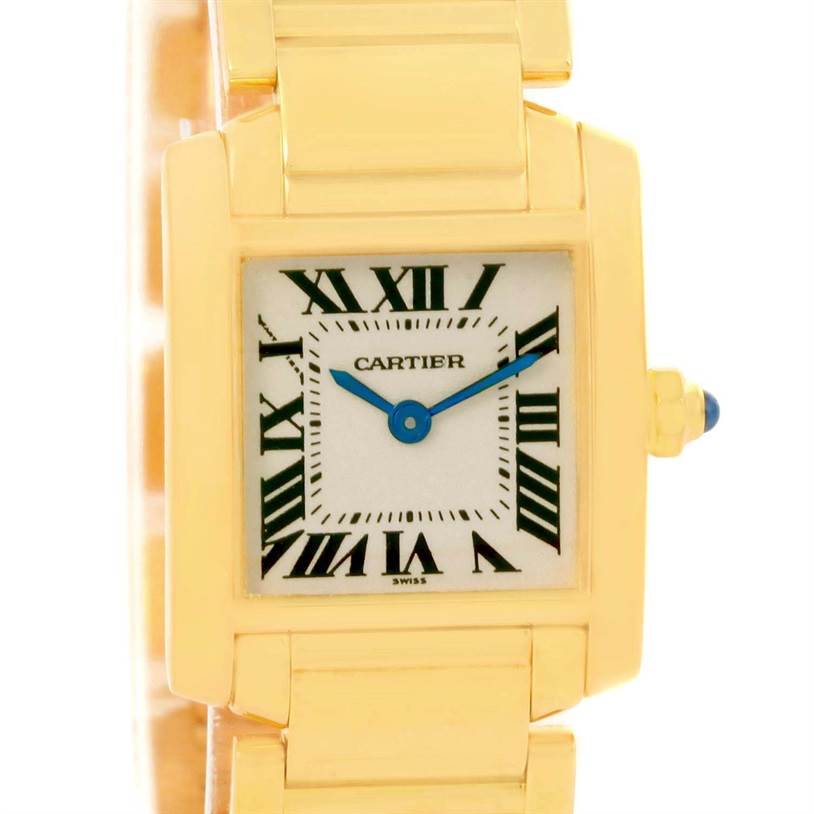 This image shows a front view of the Cartier Tank Francaise W50002N2 Women's Yellow Gold Silver Dial W50002N2 Women's Yellow Gold Silver Dial watch, highlighting the rectangular dial with Roman numerals and blue hands.