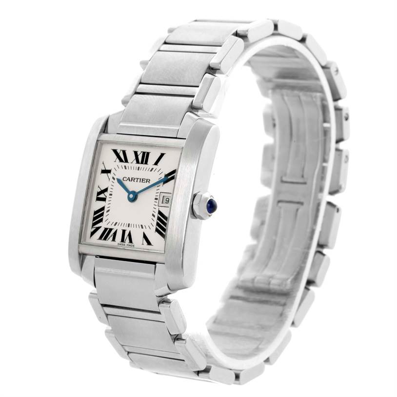 The Cartier Tank Francaise W51011Q3 Women's Stainless Steel Silver Dial W51011Q3 Women's Stainless Steel Silver Dial watch is viewed from a slightly angled, front and side perspective showing the face, bracelet, and crown.