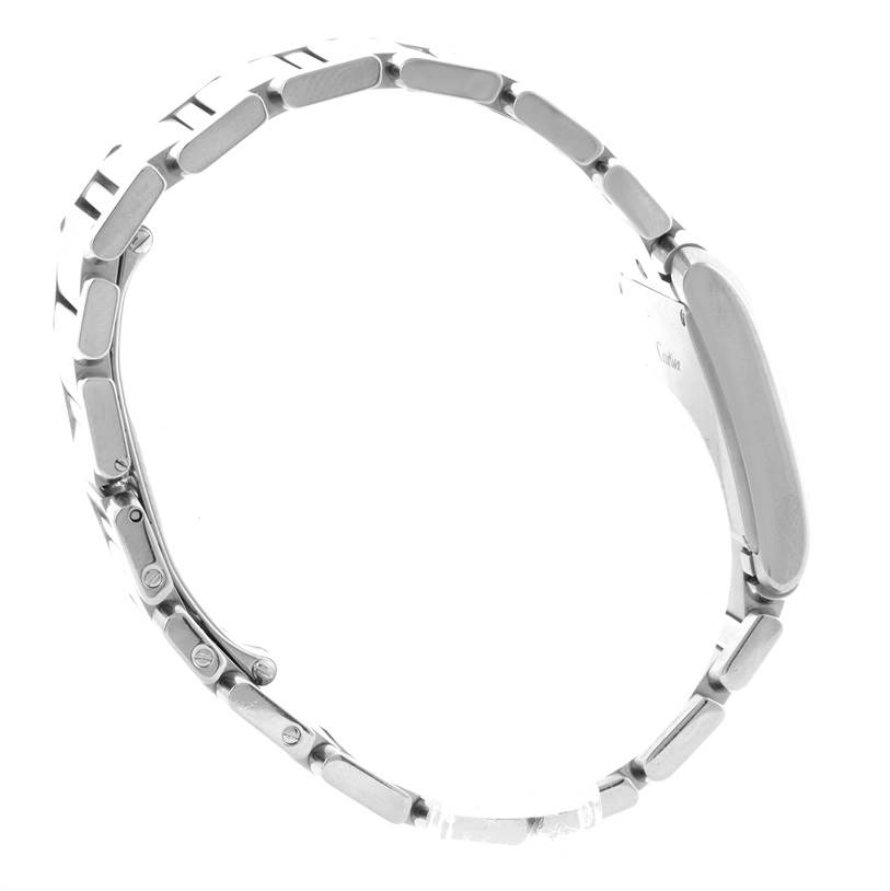 This is a side view of a Cartier Tank Francaise W51011Q3 Women's Stainless Steel Silver Dial W51011Q3 Women's Stainless Steel Silver Dial watch, showing the bracelet and case in profile.