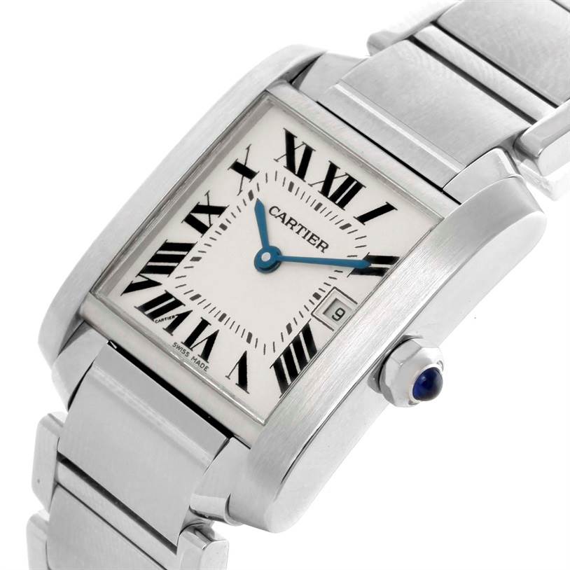 The image shows a close-up side angle of the Cartier Tank Francaise W51011Q3 Women's Stainless Steel Silver Dial W51011Q3 Women's Stainless Steel Silver Dial watch, emphasizing the dial, crown, and bracelet.