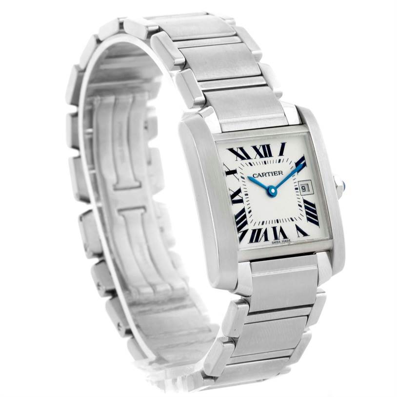 The image shows a side view of the Cartier Tank Francaise W51011Q3 Women's Stainless Steel Silver Dial W51011Q3 Women's Stainless Steel Silver Dial watch, featuring its rectangular face, Roman numerals, and metal bracelet.