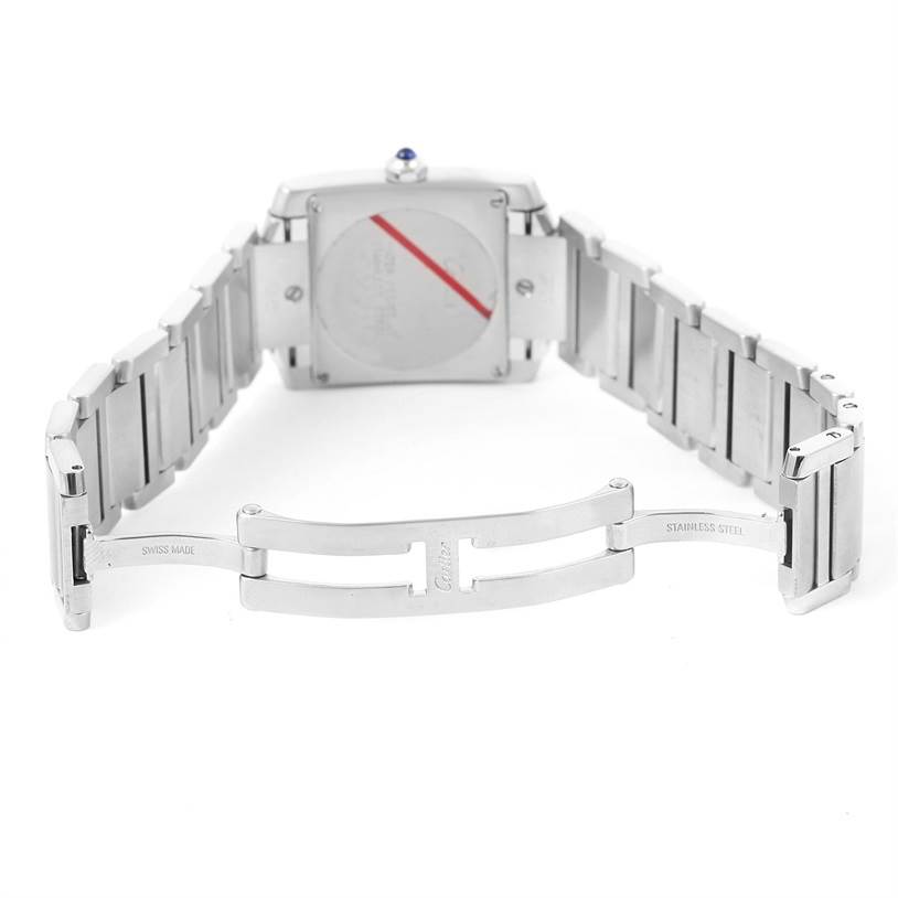 This image shows the back and clasp of a Cartier Tank Francaise W51011Q3 Women's Stainless Steel Silver Dial W51011Q3 Women's Stainless Steel Silver Dial watch, highlighting the stainless steel bracelet and case.