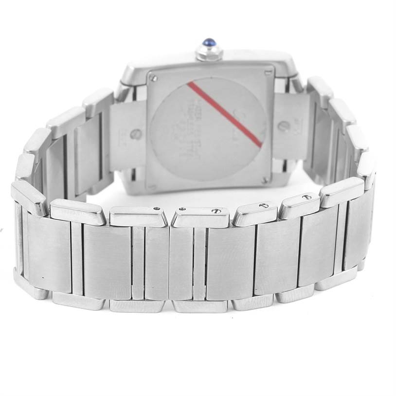 This image shows a Tank Française model by Cartier from the rear, highlighting its bracelet and clasp.