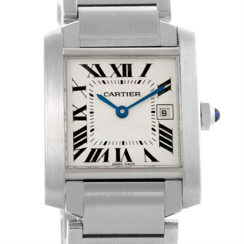 The image shows a head-on view of a Cartier Tank Francaise W51011Q3 Women's Stainless Steel Silver Dial W51011Q3 Women's Stainless Steel Silver Dial watch, including its face, bezel, and part of the metal bracelet.