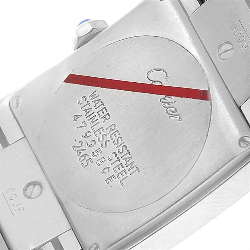 The image shows the back case and part of the bracelet of a Cartier Tank Francaise W51011Q3 Women's Stainless Steel Silver Dial W51011Q3 Women's Stainless Steel Silver Dial watch.