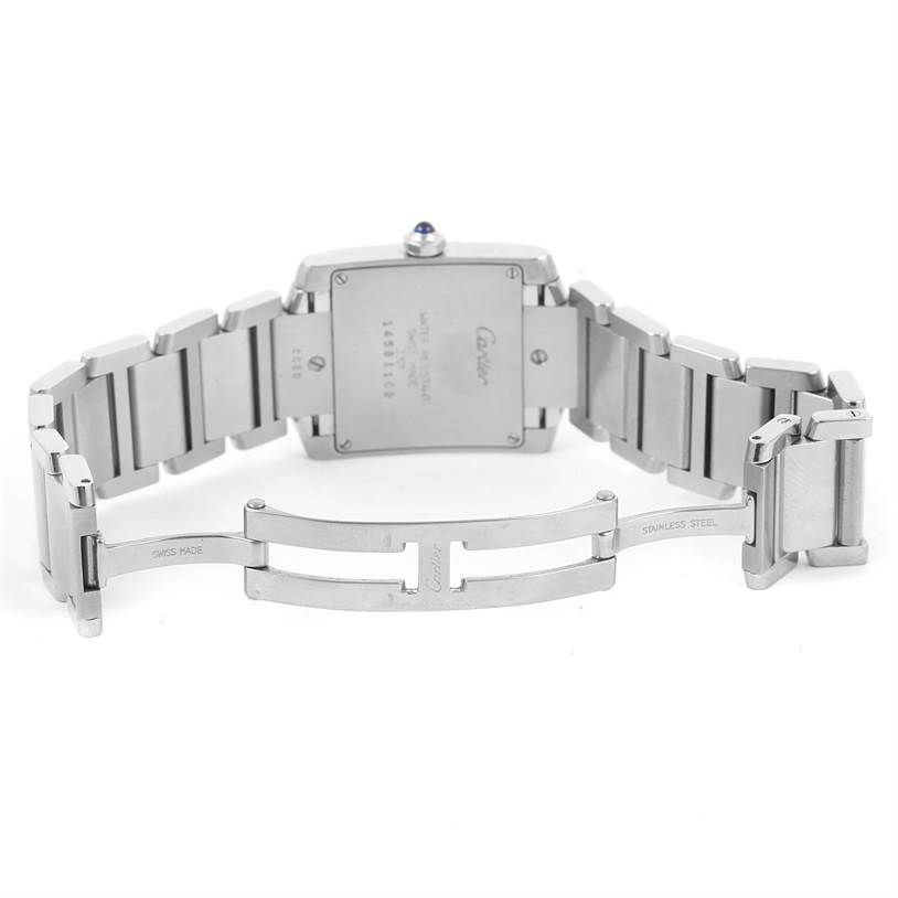 The image shows the back view of a Cartier Tank Francaise WSTA0005 Women's Stainless Steel Silver Dial WSTA0005 Women's Stainless Steel Silver Dial watch, highlighting the clasp and stainless steel bracelet.