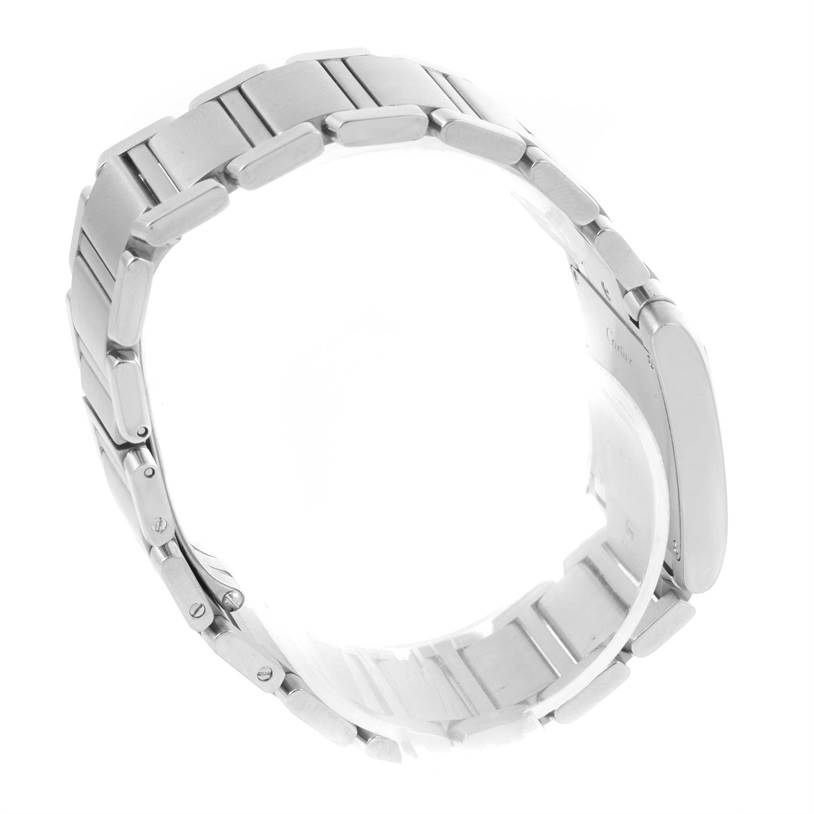 The image shows a side view of the stainless steel bracelet of a Cartier Tank Francaise WSTA0005 Women's Stainless Steel Silver Dial WSTA0005 Women's Stainless Steel Silver Dial watch.