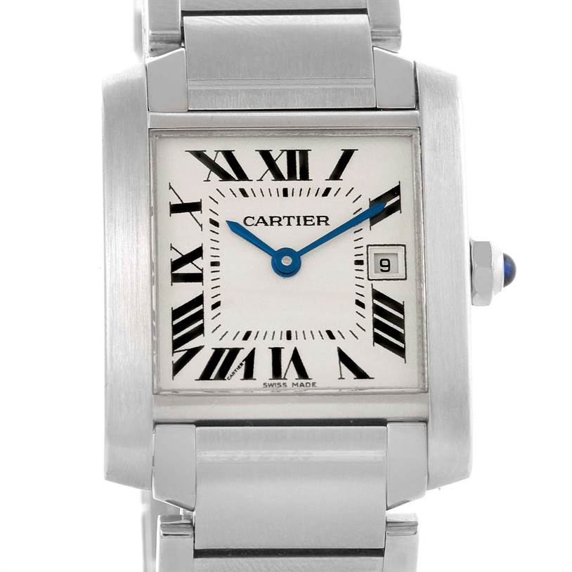 The image shows a frontal view of the Cartier Tank Francaise W51011Q3 Women's Stainless Steel Silver Dial W51011Q3 Women's Stainless Steel Silver Dial watch, displaying its white dial with Roman numerals and a steel bracelet.