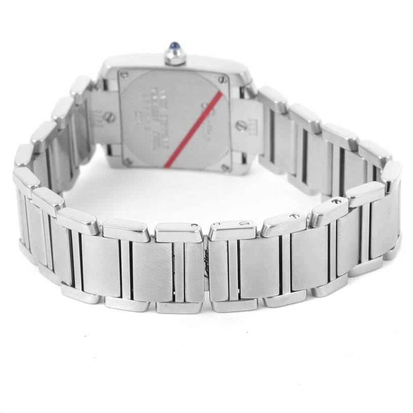 This image shows a rear angle of the Cartier Tank Française watch, highlighting the stainless steel bracelet and case back.