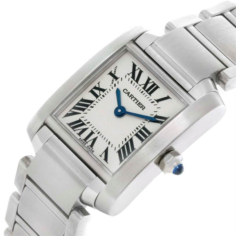 The image displays a Cartier Tank Francaise W51008Q3 Women's Stainless Steel Silver Dial W51008Q3 Women's Stainless Steel Silver Dial watch at an angle showing the face, bezel, and part of the metal bracelet.