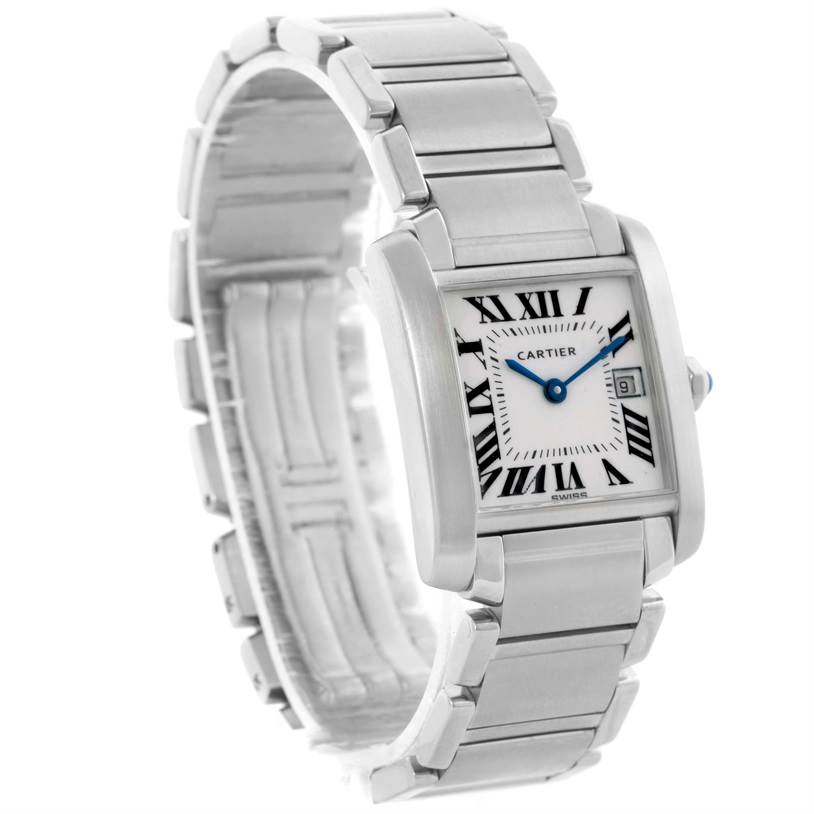 This image shows a Cartier Tank Francaise W51011Q3 Women's Stainless Steel White Dial W51011Q3 Women's Stainless Steel White Dial watch, angled to display its face, bezel, and stainless steel bracelet.