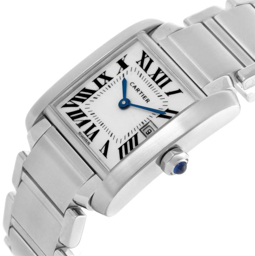This Cartier Tank Francaise W51011Q3 Women's Stainless Steel White Dial W51011Q3 Women's Stainless Steel White Dial watch is shown at an angled view, highlighting the dial, bracelet, and crown with a blue cabochon.