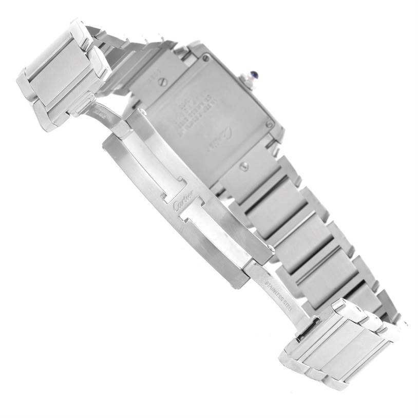 The image shows the underside and bracelet of a Cartier Tank Française watch, including the clasp and case back.