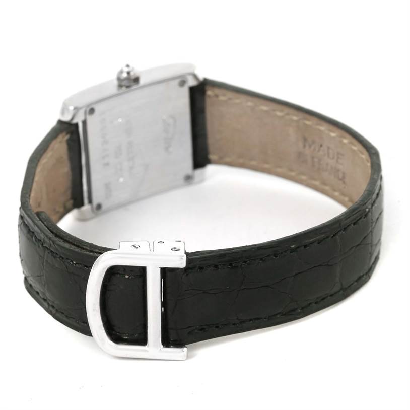 The image shows the back of the Cartier Tank Francaise WE100231 Women's White Gold Silver Dial WE100231 Women's White Gold Silver Dial watch, featuring the case back and leather strap with the clasp.