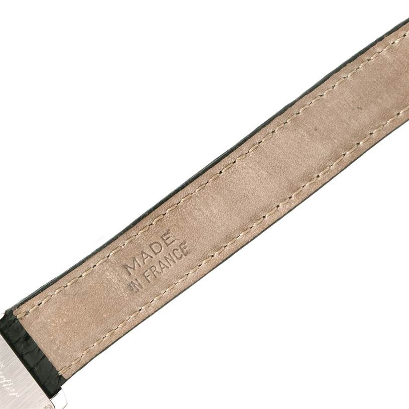 This image shows a close-up of the leather watch strap of the Cartier Tank Francaise WE100231 Women's White Gold Silver Dial WE100231 Women's White Gold Silver Dial model, focusing on the "Made in France" inscription.