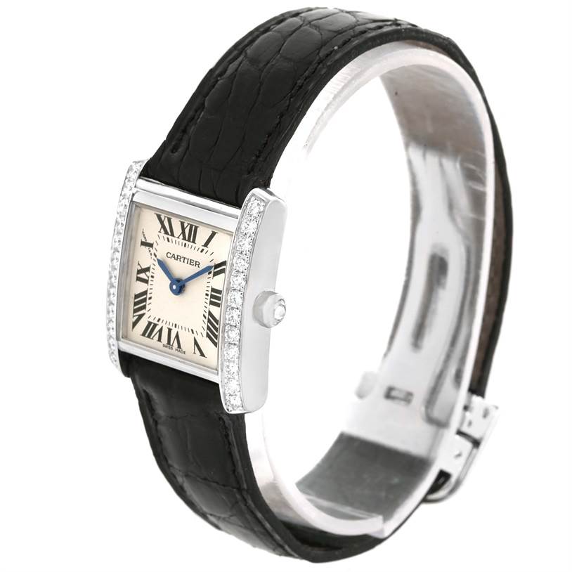 This is a side-angle view of the Cartier Tank Française watch, showing the dial, bezel, crown, and black leather strap.