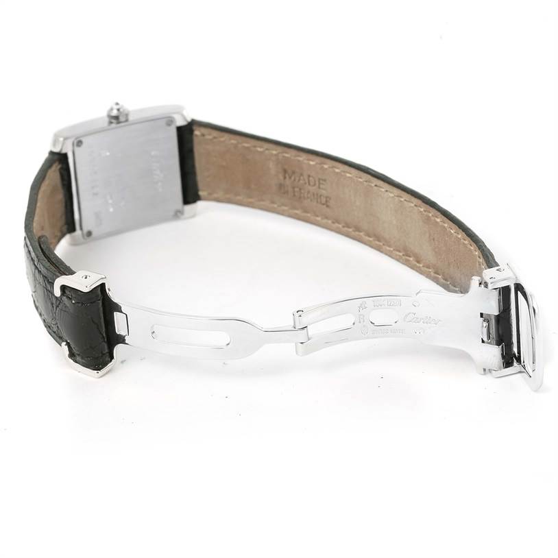 The image shows the back view of the Cartier Tank Francaise WE100231 Women's White Gold Silver Dial WE100231 Women's White Gold Silver Dial watch, highlighting the clasp, buckle, and leather strap.