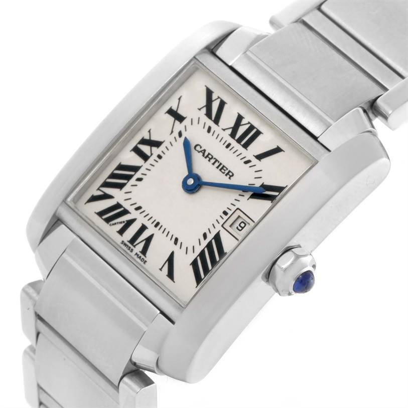 The image shows a close-up angle of a Cartier Tank Française watch, highlighting the face, bezel, crown, and part of the bracelet.
