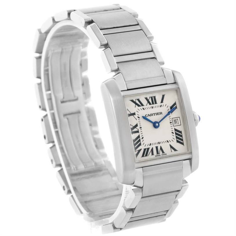 The Cartier Tank Francaise W51011Q3 Women's Stainless Steel White Dial W51011Q3 Women's Stainless Steel White Dial watch is shown at a three-quarter angle, displaying the face, bracelet, and crown with a blue cabochon.