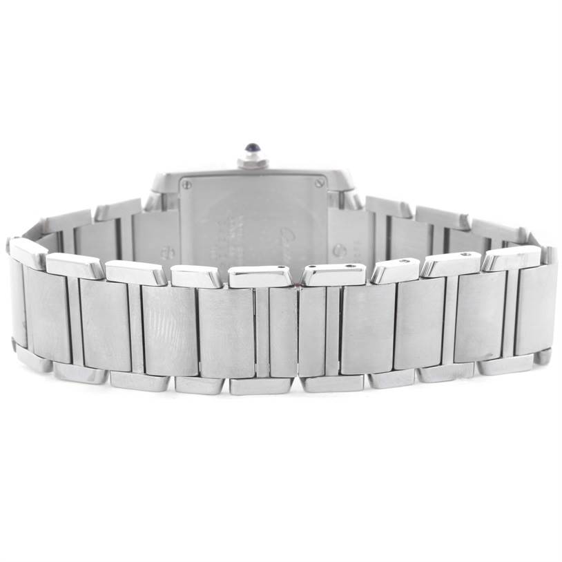 The image shows the back view of a Cartier Tank Francaise W51011Q3 Women's Stainless Steel White Dial W51011Q3 Women's Stainless Steel White Dial watch, highlighting the stainless steel bracelet and the caseback.