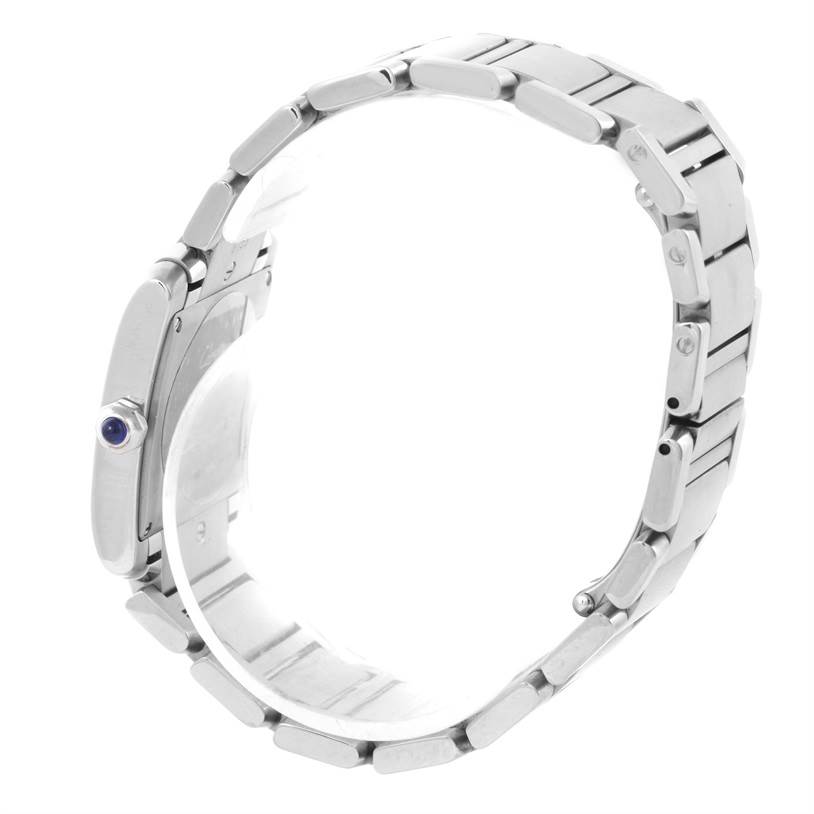 The image shows a side view of a Cartier Tank Francaise W51011Q3 Women's Stainless Steel White Dial W51011Q3 Women's Stainless Steel White Dial watch, highlighting its bracelet and crown with a blue gemstone.