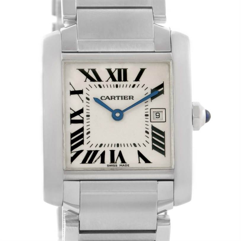 This image shows a frontal view of the Cartier Tank Francaise W51011Q3 Women's Stainless Steel White Dial W51011Q3 Women's Stainless Steel White Dial watch, displaying the dial, hands, and part of the bracelet.