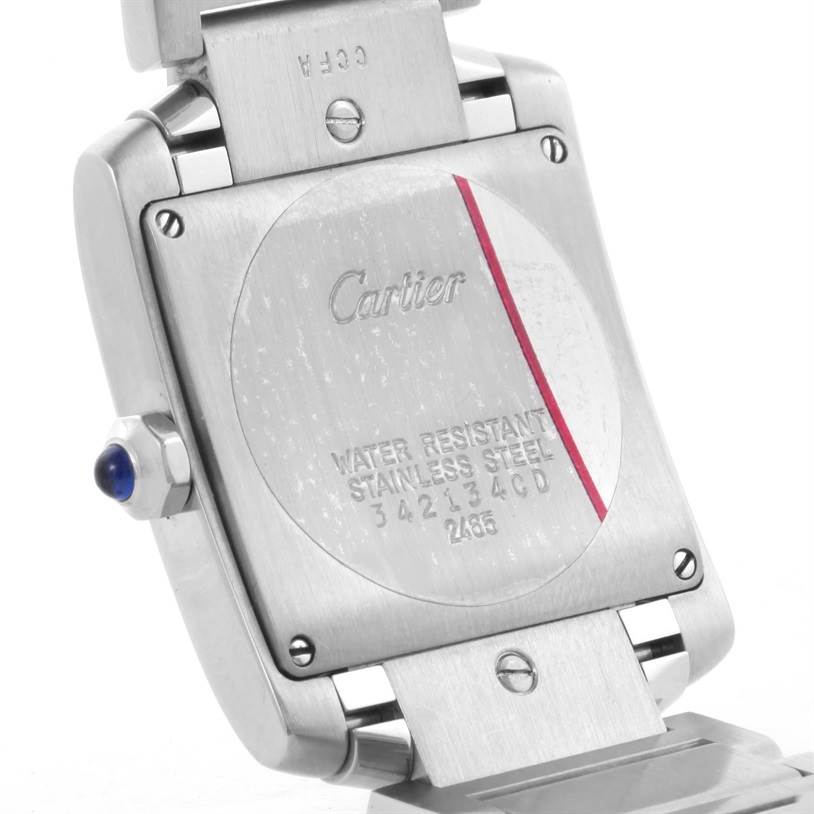 The image shows the back side of a Cartier Tank Francaise W51011Q3 Women's Stainless Steel White Dial W51011Q3 Women's Stainless Steel White Dial watch, focusing on the stainless steel case and branding.