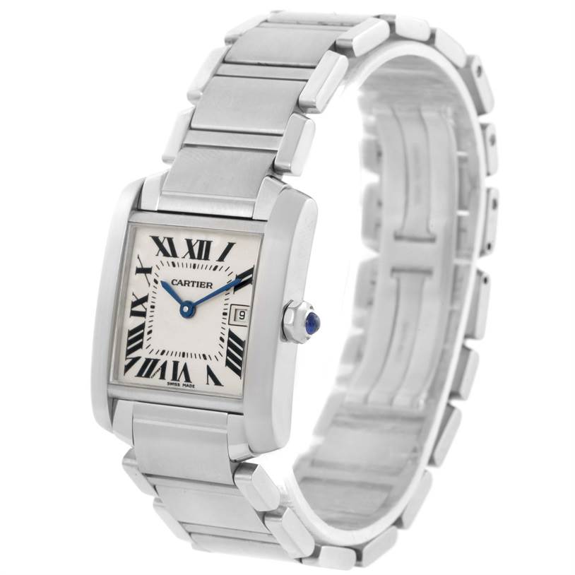 The Tank Francaise by Cartier is shown at a slight angled view, highlighting the rectangular face, Roman numerals, and metal bracelet.