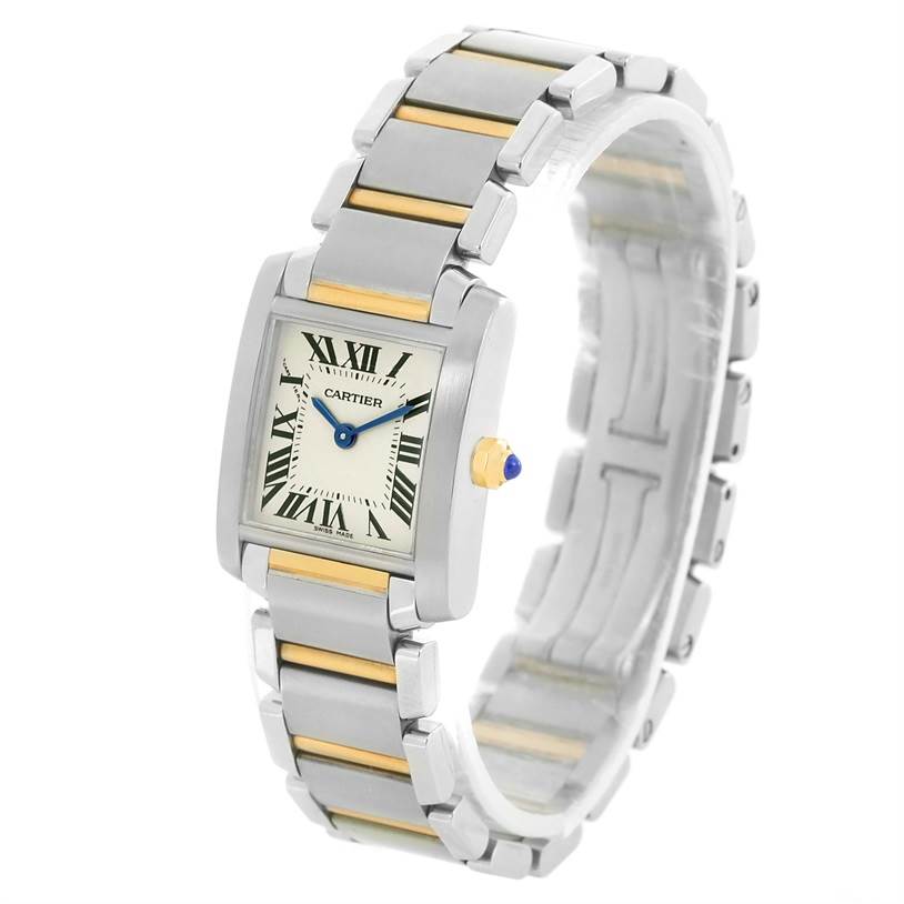 This image shows a Cartier Tank Française model watch at a slight angle, displaying the face, bezel, crown, and part of the strap.