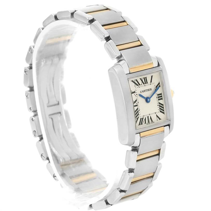 The image shows a Cartier Tank Francaise W51007Q4 Women's Steel and Gold (two tone) Silver Dial W51007Q4 Women's Steel and Gold (two tone) Silver Dial watch at a slight diagonal angle, highlighting the face, bracelet, and clasp.