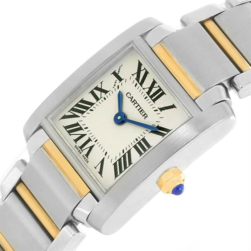 This image shows the dial, crown, and bracelet of the Cartier Tank Française watch from an angled view.