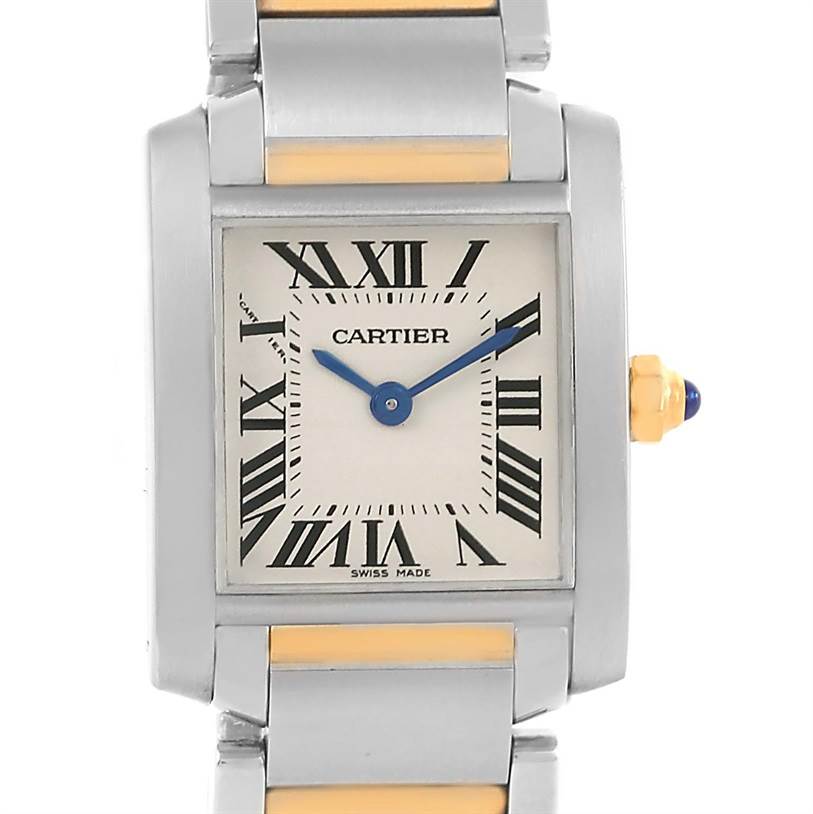 This image shows a Cartier Tank Française watch face with a part of its bracelet visible.