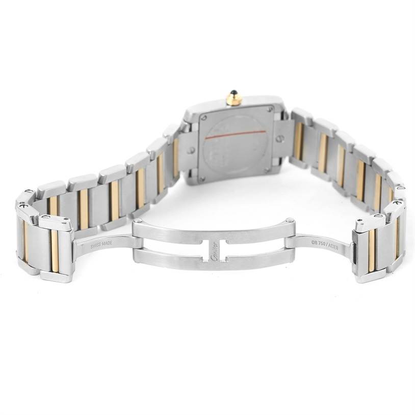 The image shows the back view and open clasp of a Cartier Tank Francaise W51007Q4 Women's Steel and Gold (two tone) Silver Dial W51007Q4 Women's Steel and Gold (two tone) Silver Dial watch, displaying its two-tone metal bracelet.